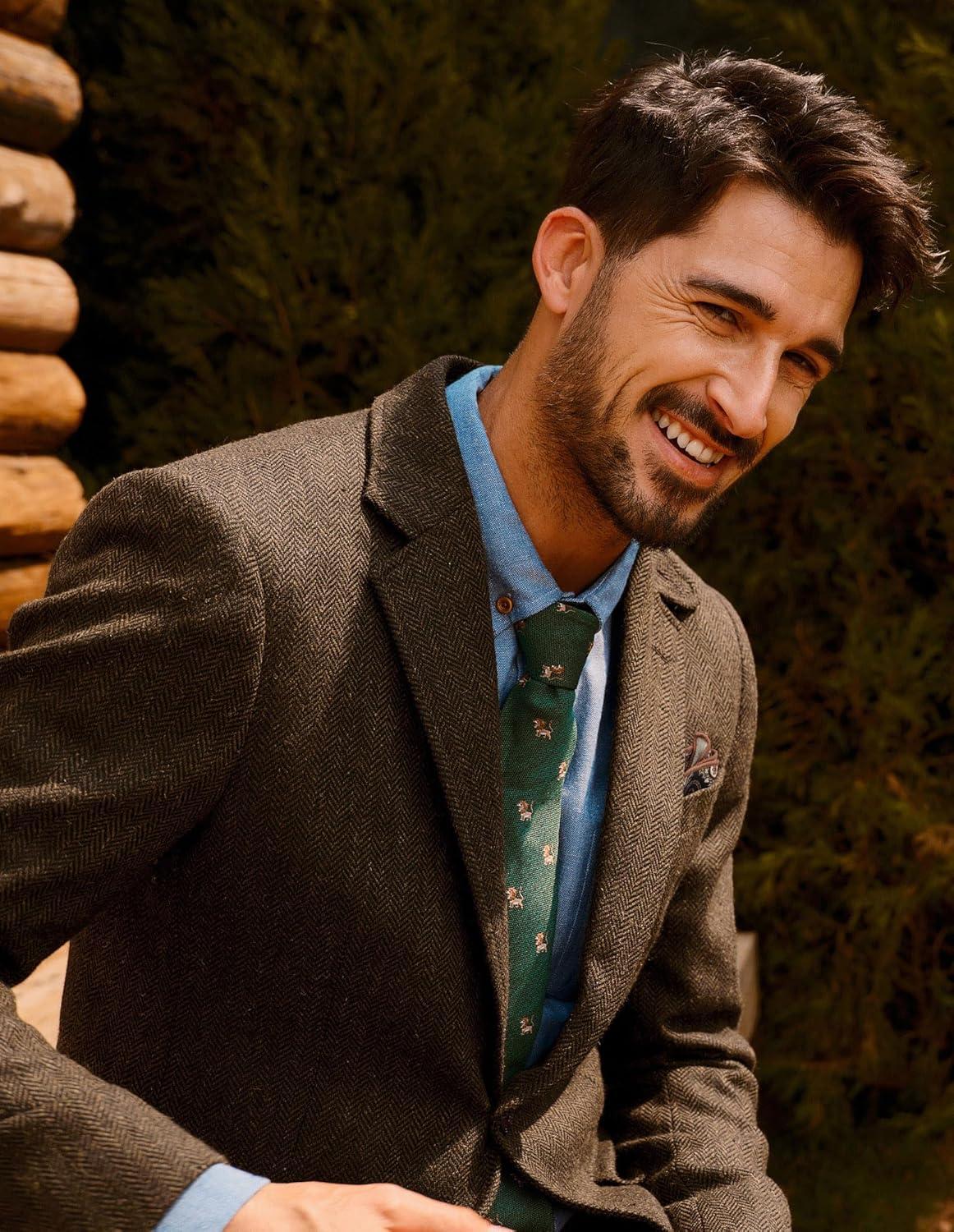 imagePJ PAUL JONES Mens Blazer Vintage Wool Blend Sport Coat Herringbone Tweed Blazer Suit Jacket with Pocket SquareDark Coffee