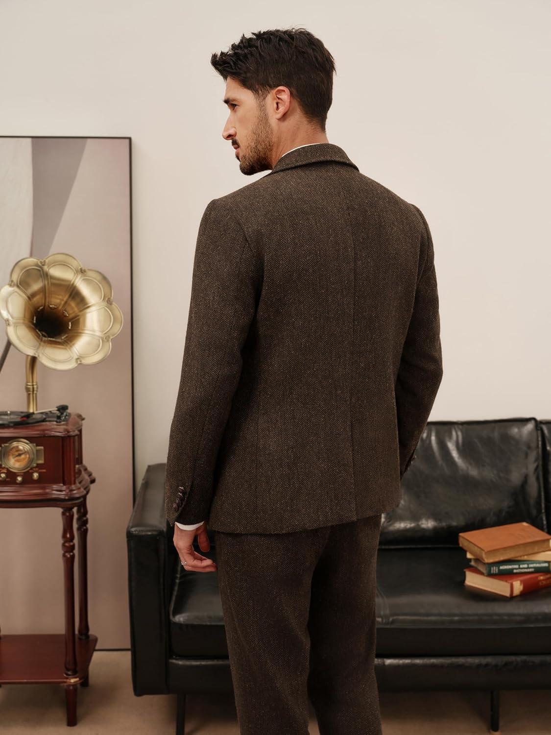 imagePJ PAUL JONES Mens Blazer Vintage Wool Blend Sport Coat Herringbone Tweed Blazer Suit Jacket with Pocket SquareDark Coffee