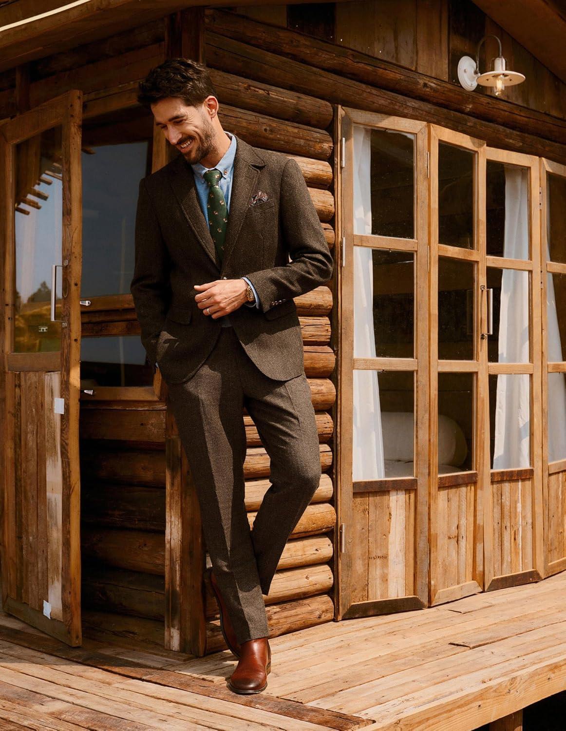 imagePJ PAUL JONES Mens Blazer Vintage Wool Blend Sport Coat Herringbone Tweed Blazer Suit Jacket with Pocket SquareDark Coffee