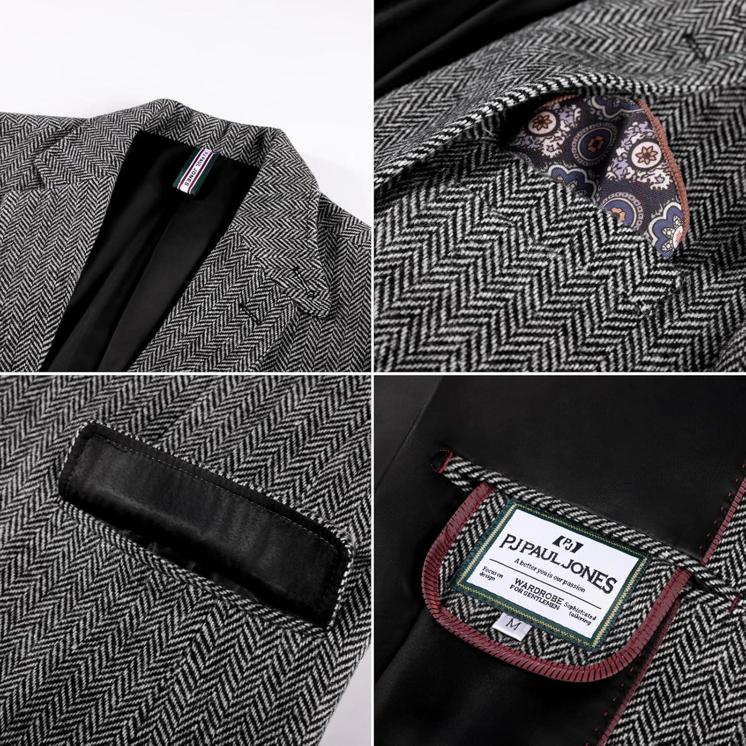 imagePJ PAUL JONES Mens Blazer Vintage Wool Blend Sport Coat Herringbone Tweed Blazer Suit Jacket with Pocket SquareGrey