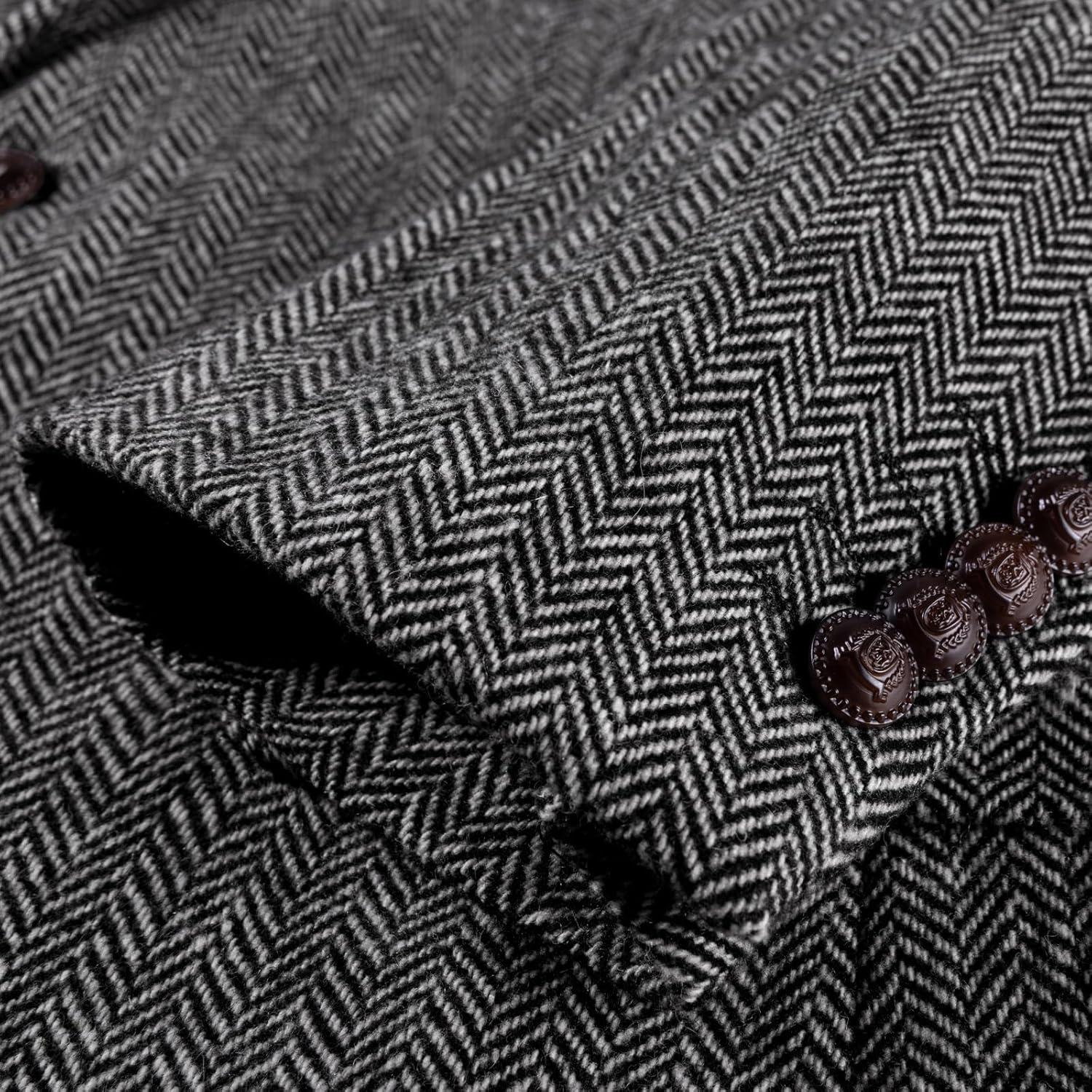 imagePJ PAUL JONES Mens Blazer Vintage Wool Blend Sport Coat Herringbone Tweed Blazer Suit Jacket with Pocket SquareGrey