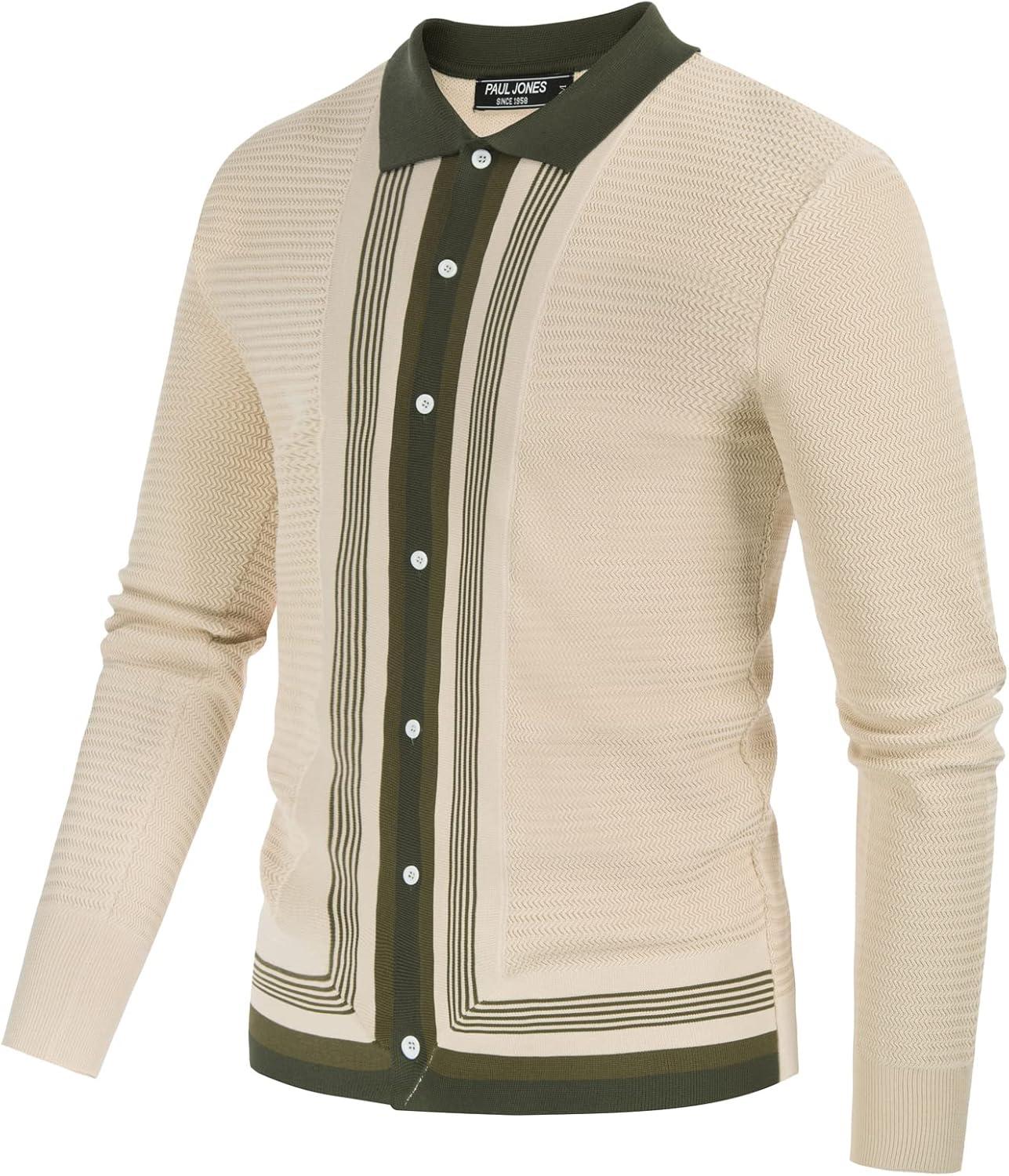 imagePJ PAUL JONES Mens Button Down Polo Shirts Striped Knitted Cardigan SweatersBeige