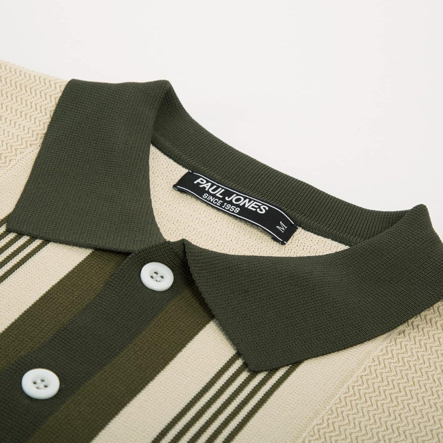 imagePJ PAUL JONES Mens Button Down Polo Shirts Striped Knitted Cardigan SweatersBeige