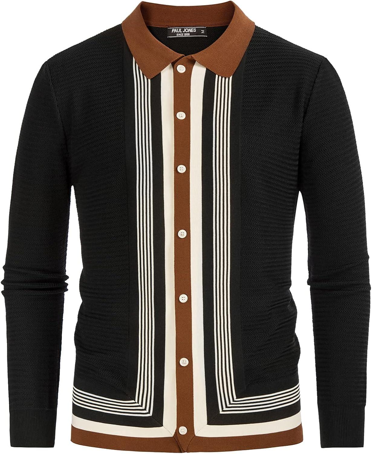 imagePJ PAUL JONES Mens Button Down Polo Shirts Striped Knitted Cardigan SweatersBlack