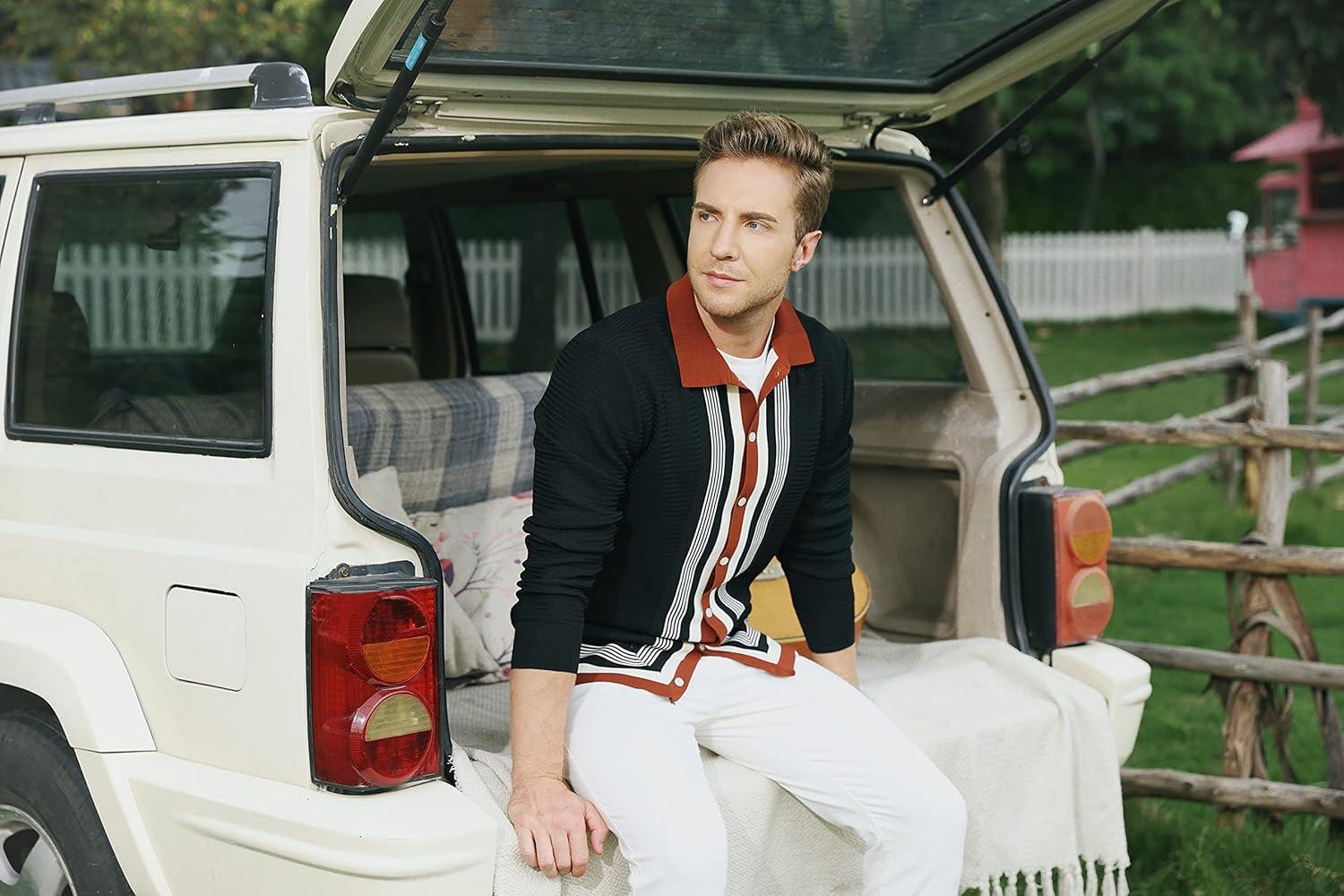 imagePJ PAUL JONES Mens Button Down Polo Shirts Striped Knitted Cardigan SweatersBlack