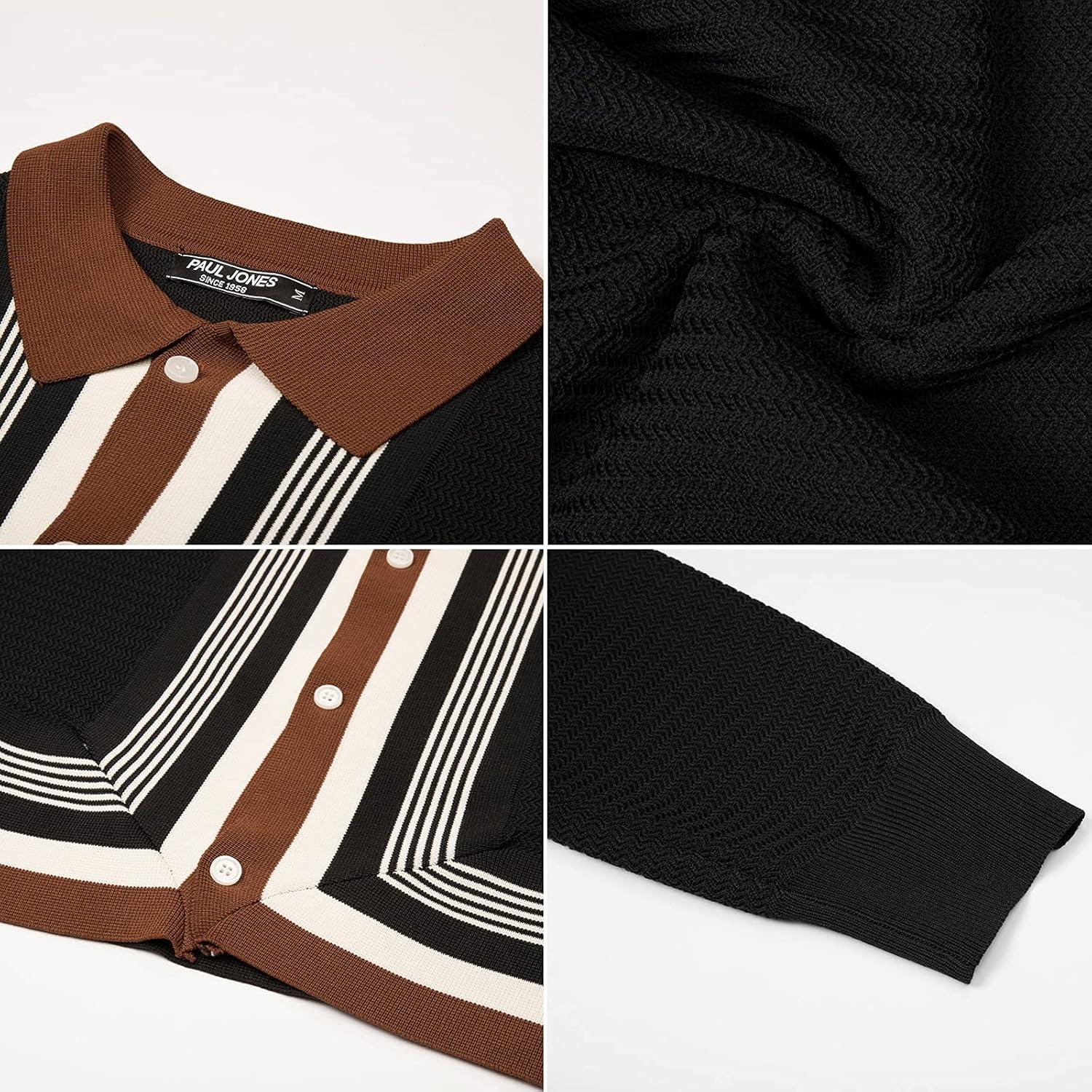 imagePJ PAUL JONES Mens Button Down Polo Shirts Striped Knitted Cardigan SweatersBlack