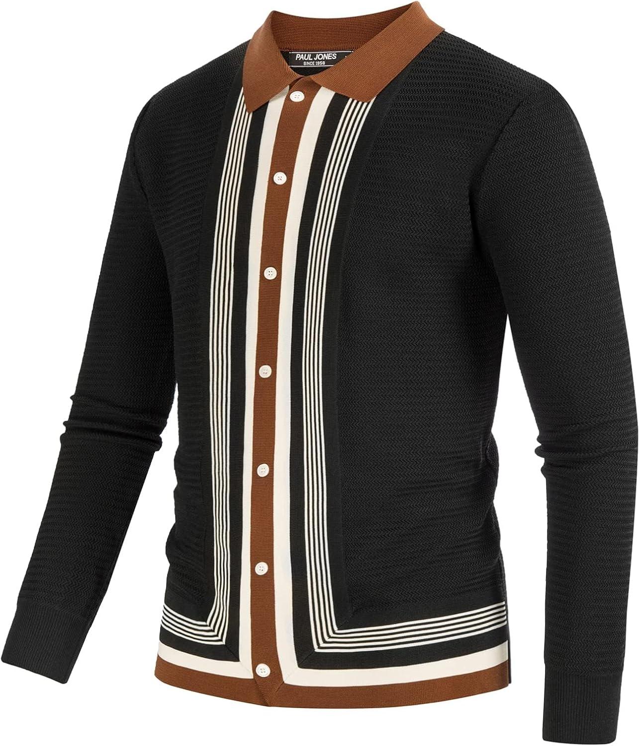 imagePJ PAUL JONES Mens Button Down Polo Shirts Striped Knitted Cardigan SweatersBlack