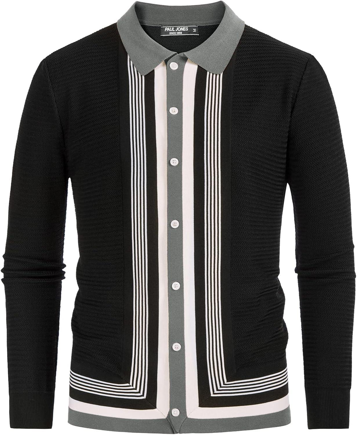 imagePJ PAUL JONES Mens Button Down Polo Shirts Striped Knitted Cardigan SweatersBlack Gray