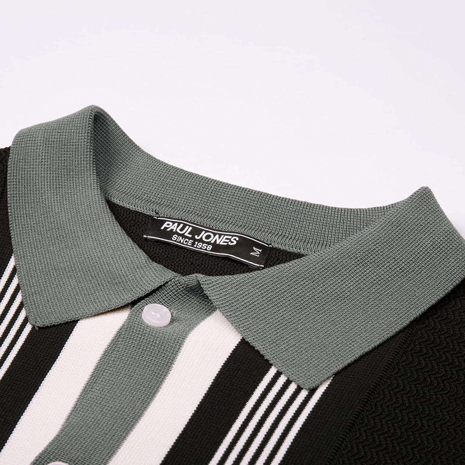 imagePJ PAUL JONES Mens Button Down Polo Shirts Striped Knitted Cardigan SweatersBlack Gray