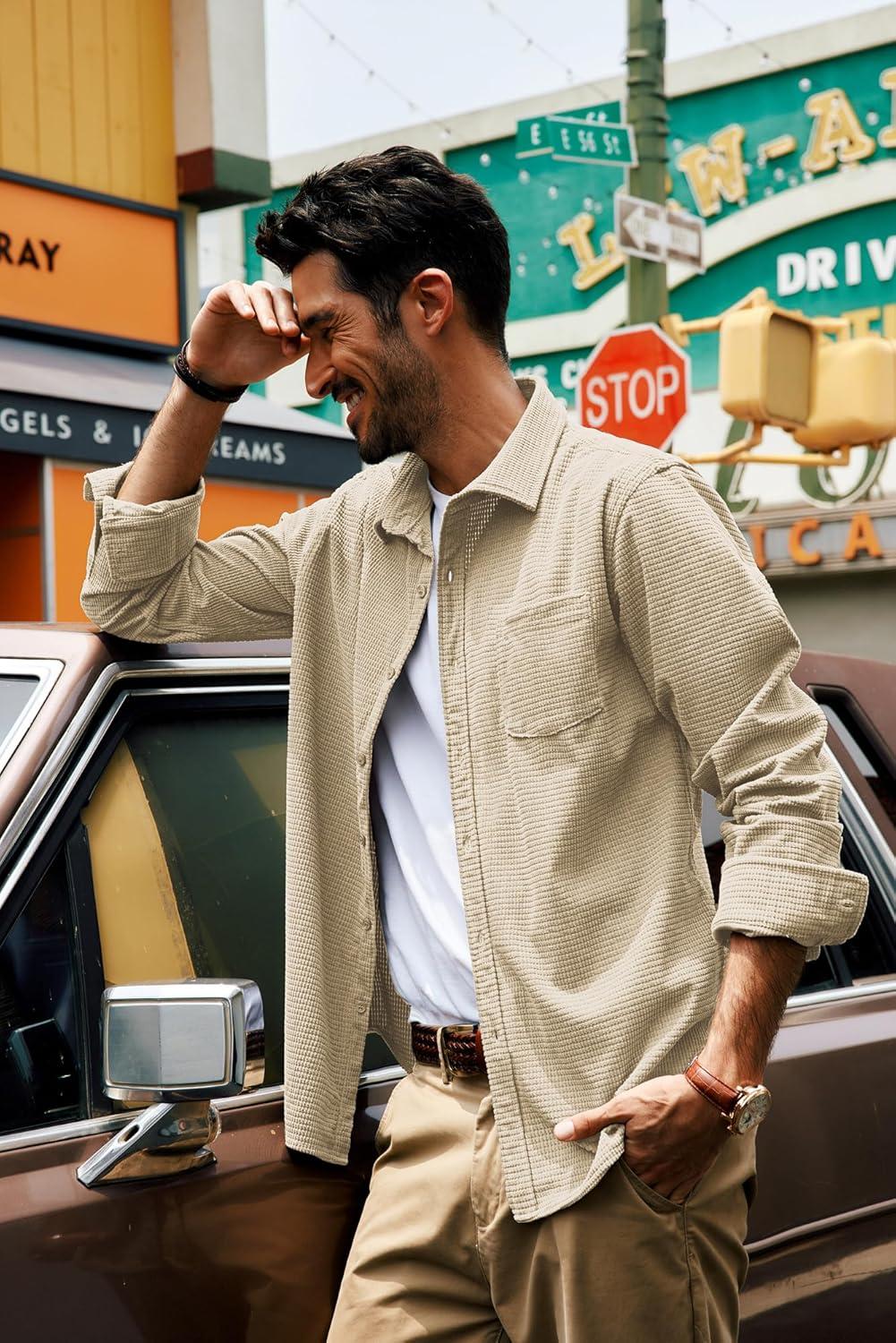 imagePJ PAUL JONES Mens Button Down Shirt Texture Wrinkle Free Shirts Long Sleeve Waffle Untucked ShirtApricot