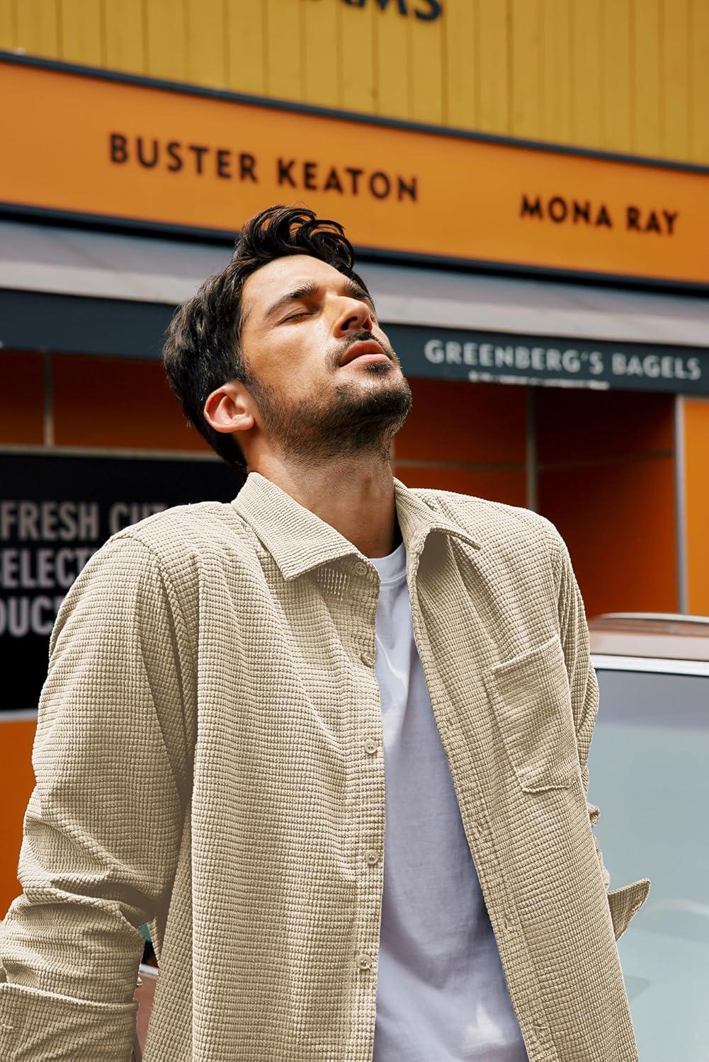 imagePJ PAUL JONES Mens Button Down Shirt Texture Wrinkle Free Shirts Long Sleeve Waffle Untucked ShirtApricot