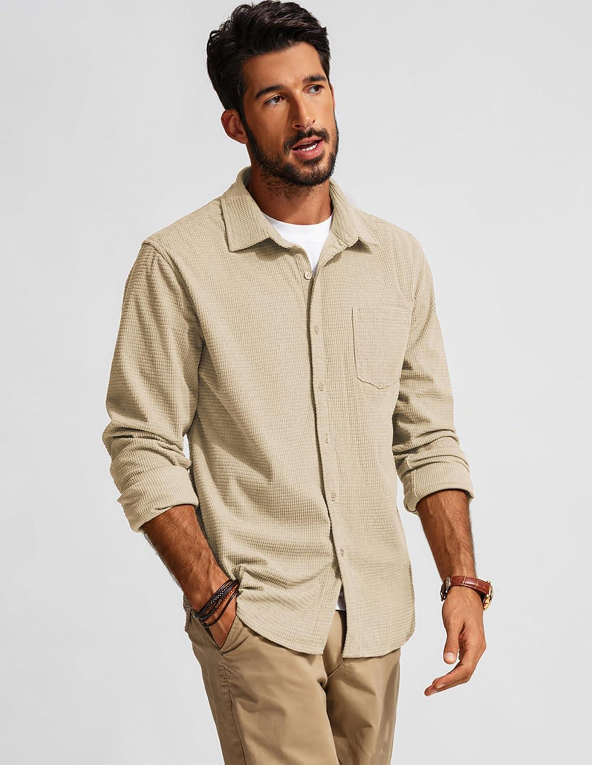 imagePJ PAUL JONES Mens Button Down Shirt Texture Wrinkle Free Shirts Long Sleeve Waffle Untucked ShirtApricot