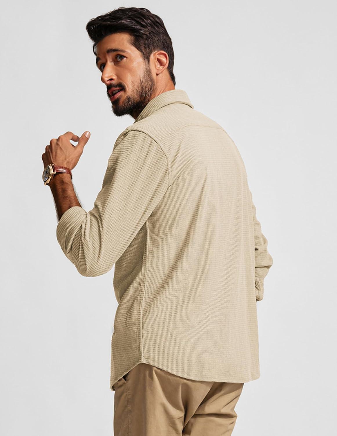 imagePJ PAUL JONES Mens Button Down Shirt Texture Wrinkle Free Shirts Long Sleeve Waffle Untucked ShirtApricot