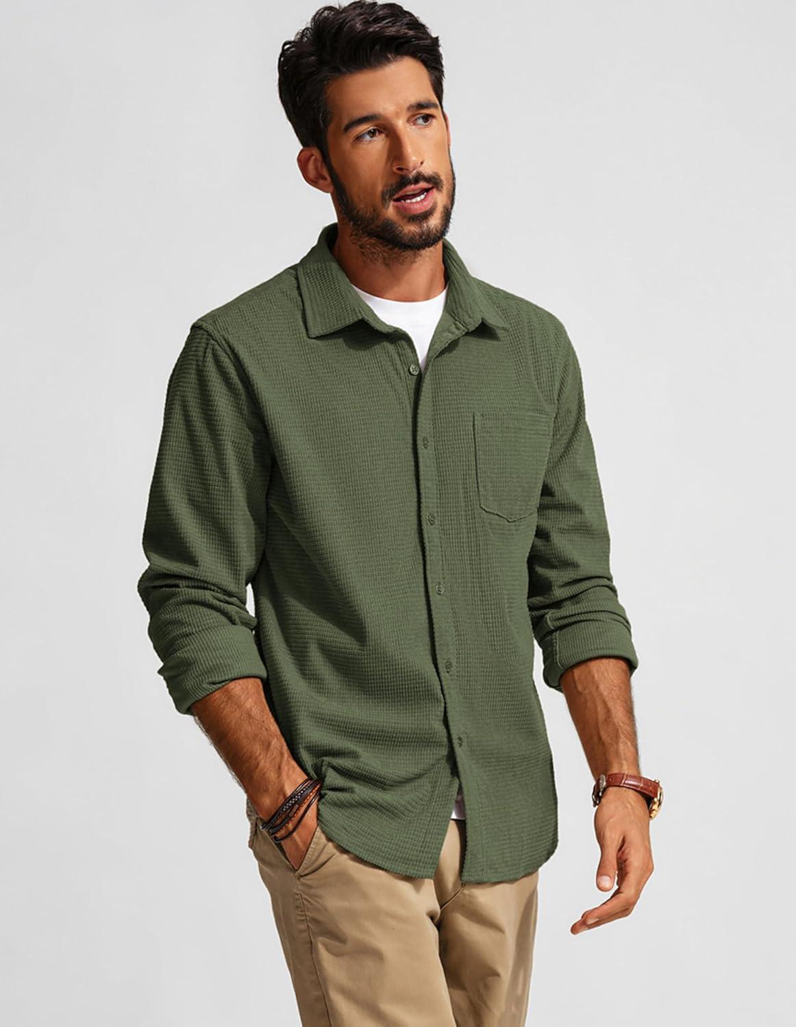 imagePJ PAUL JONES Mens Button Down Shirt Texture Wrinkle Free Shirts Long Sleeve Waffle Untucked ShirtArmy Green