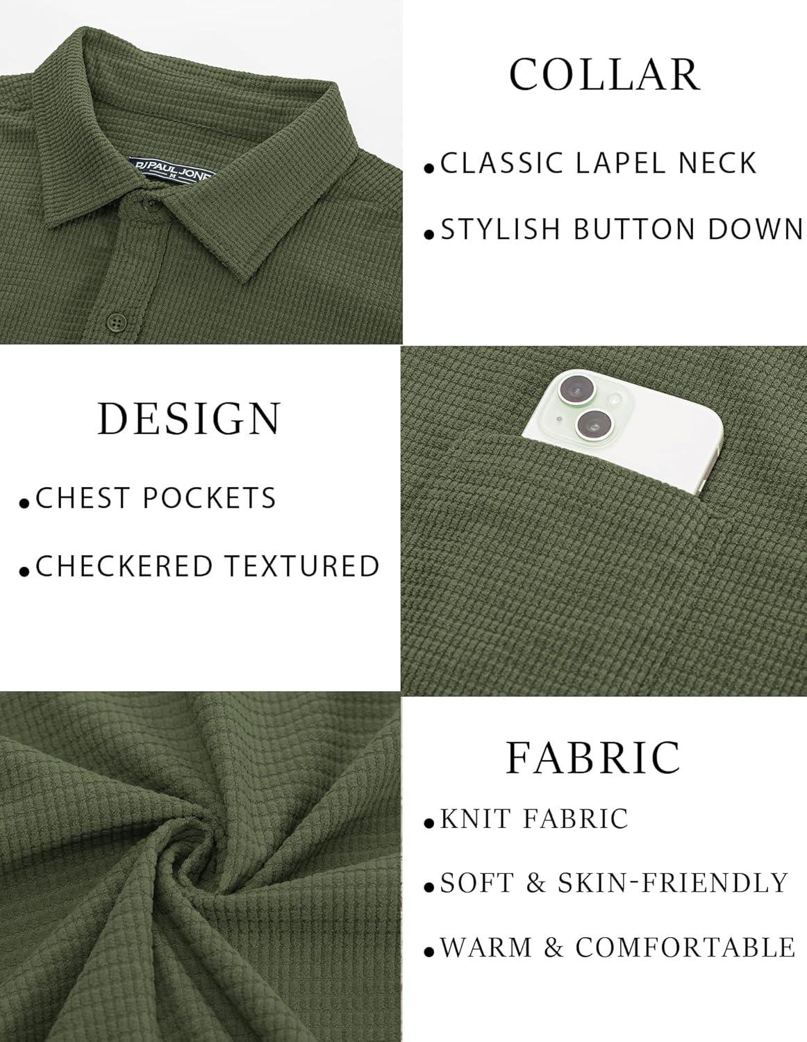imagePJ PAUL JONES Mens Button Down Shirt Texture Wrinkle Free Shirts Long Sleeve Waffle Untucked ShirtArmy Green
