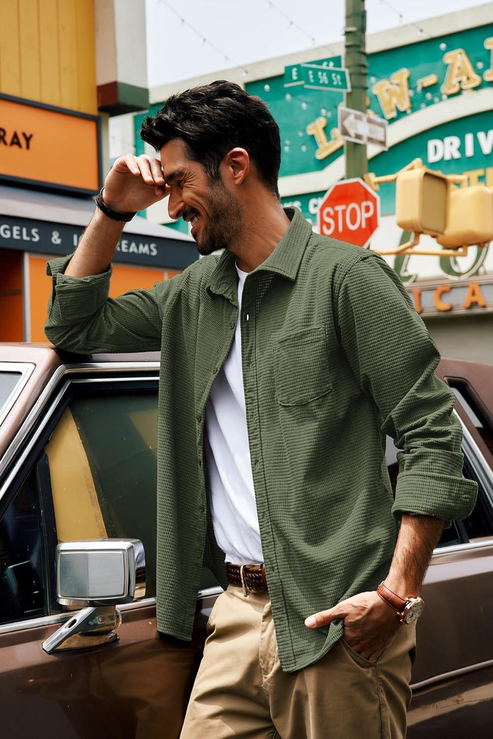 imagePJ PAUL JONES Mens Button Down Shirt Texture Wrinkle Free Shirts Long Sleeve Waffle Untucked ShirtArmy Green