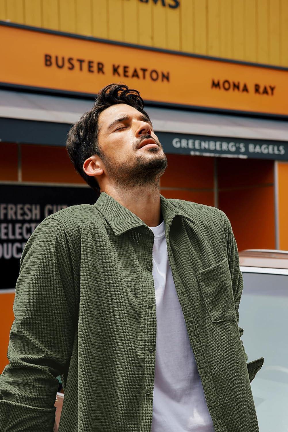 imagePJ PAUL JONES Mens Button Down Shirt Texture Wrinkle Free Shirts Long Sleeve Waffle Untucked ShirtArmy Green