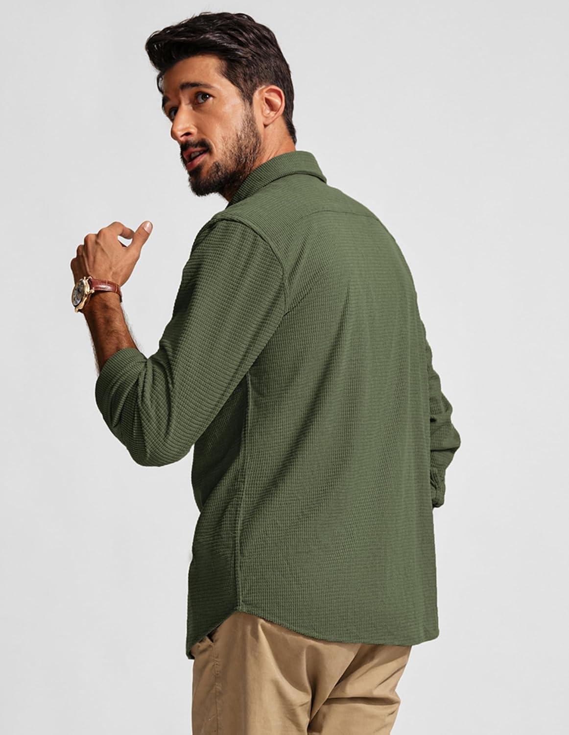 imagePJ PAUL JONES Mens Button Down Shirt Texture Wrinkle Free Shirts Long Sleeve Waffle Untucked ShirtArmy Green