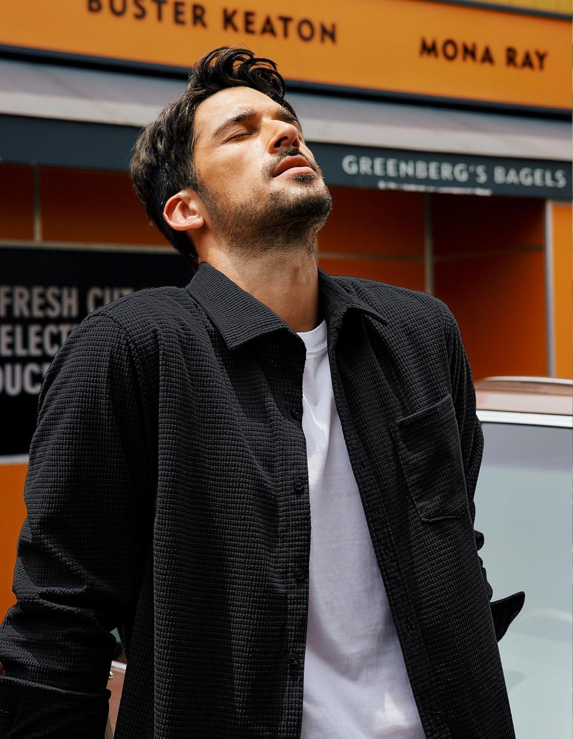 imagePJ PAUL JONES Mens Button Down Shirt Texture Wrinkle Free Shirts Long Sleeve Waffle Untucked ShirtBlack