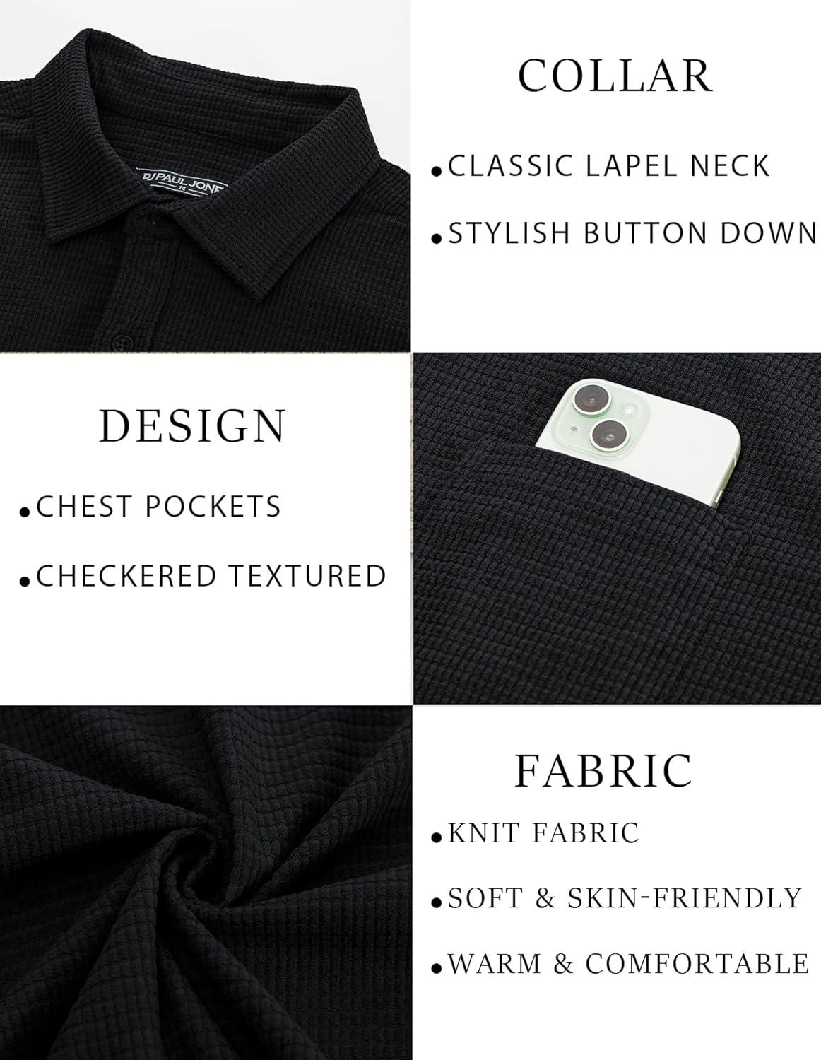 imagePJ PAUL JONES Mens Button Down Shirt Texture Wrinkle Free Shirts Long Sleeve Waffle Untucked ShirtBlack