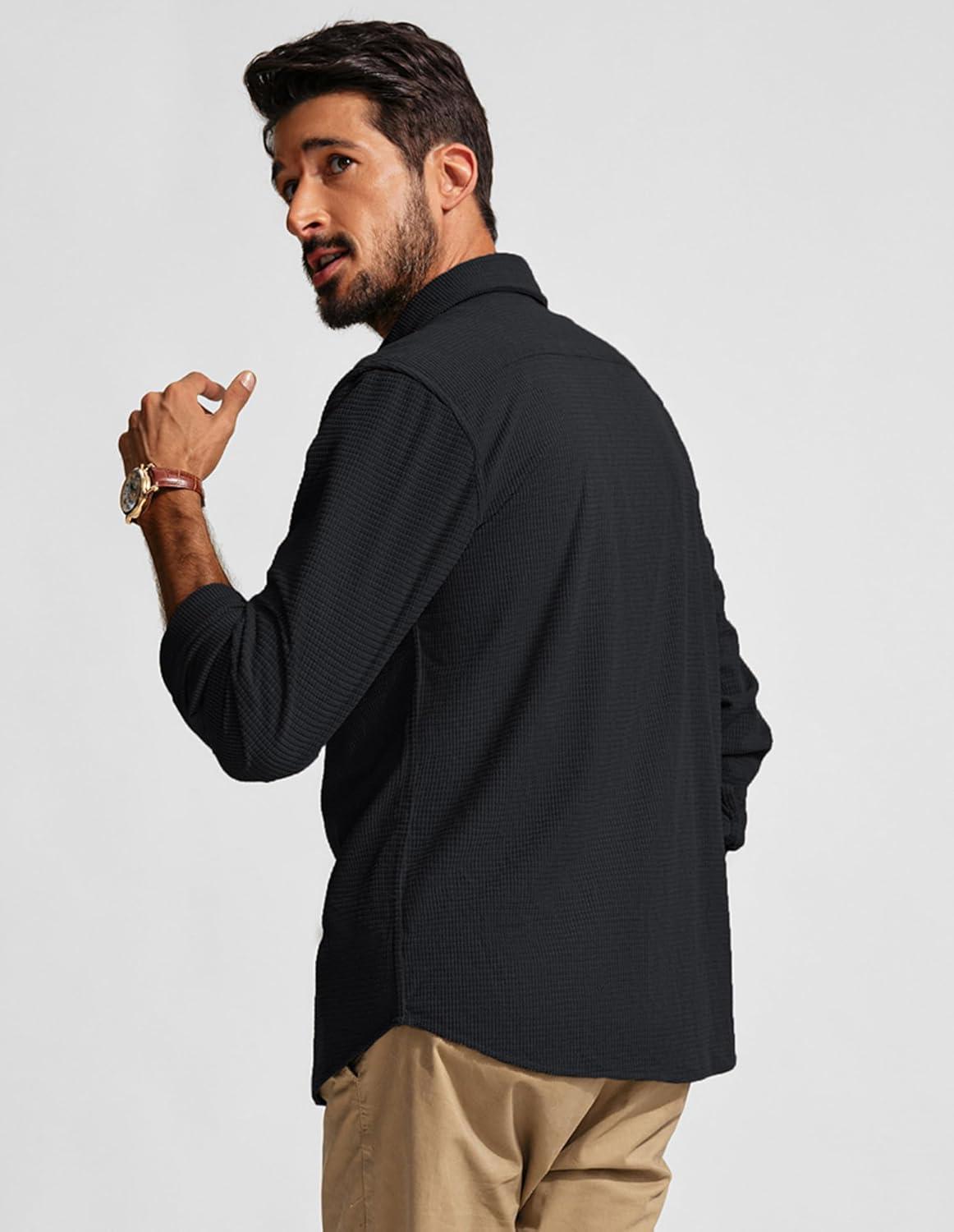 imagePJ PAUL JONES Mens Button Down Shirt Texture Wrinkle Free Shirts Long Sleeve Waffle Untucked ShirtBlack