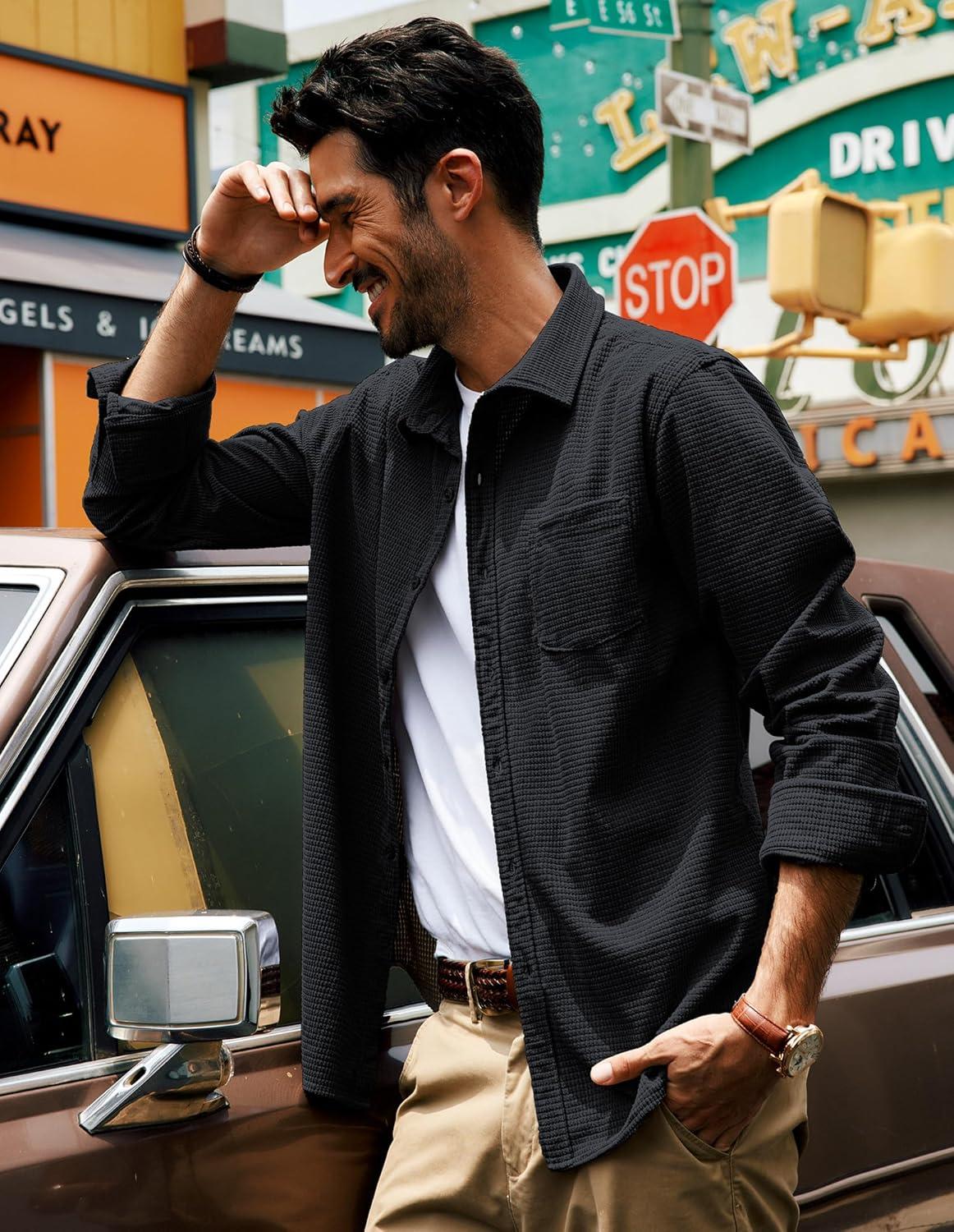 imagePJ PAUL JONES Mens Button Down Shirt Texture Wrinkle Free Shirts Long Sleeve Waffle Untucked ShirtBlack