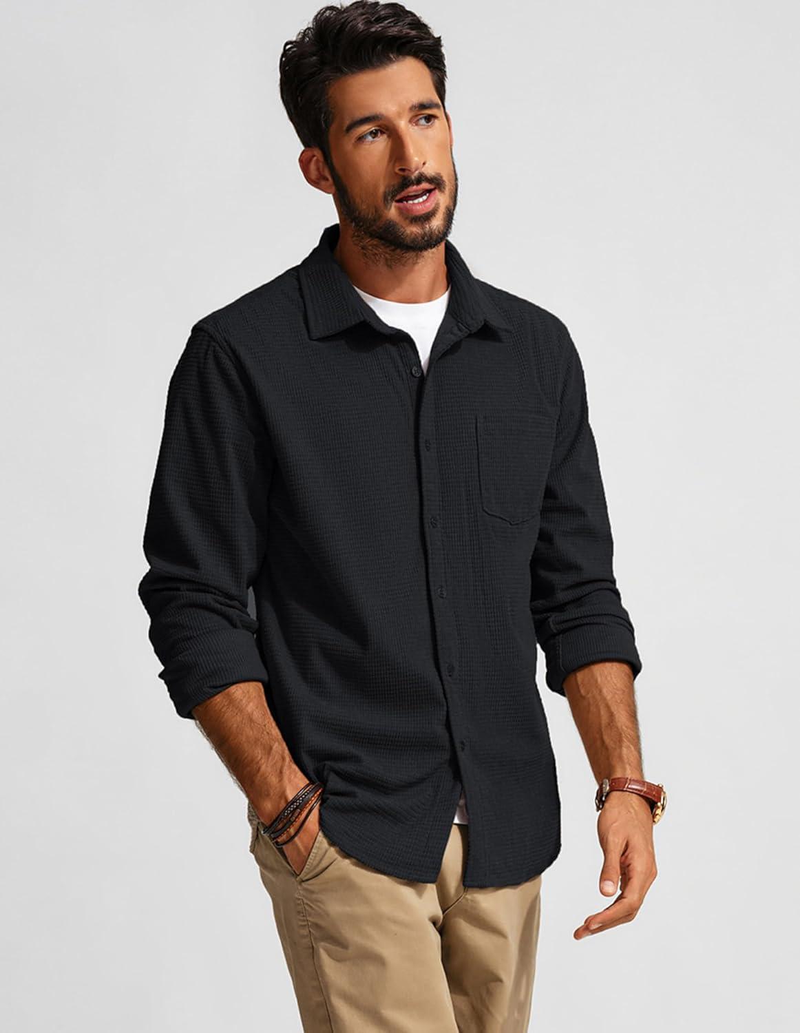 imagePJ PAUL JONES Mens Button Down Shirt Texture Wrinkle Free Shirts Long Sleeve Waffle Untucked ShirtBlack