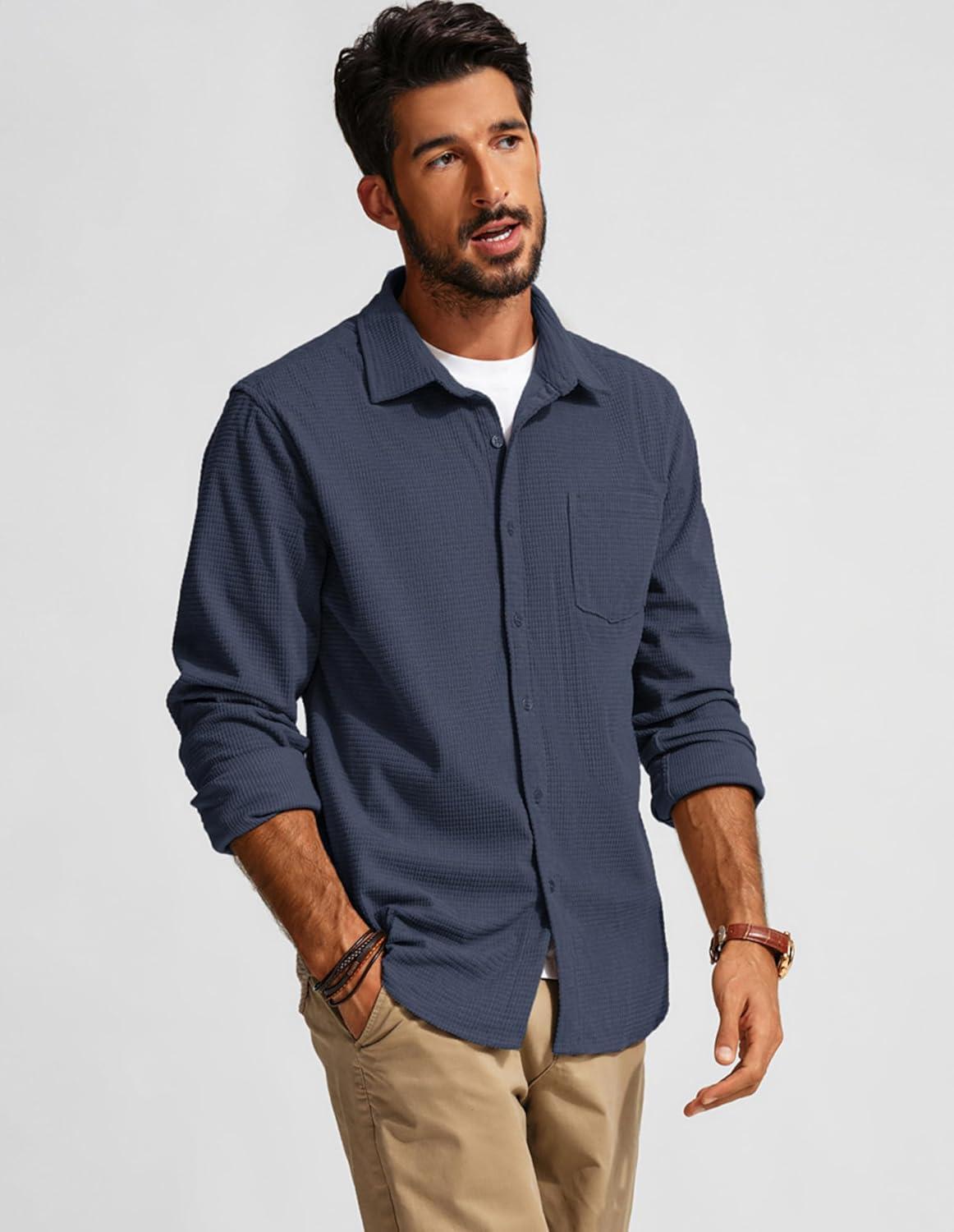 imagePJ PAUL JONES Mens Button Down Shirt Texture Wrinkle Free Shirts Long Sleeve Waffle Untucked ShirtBlue