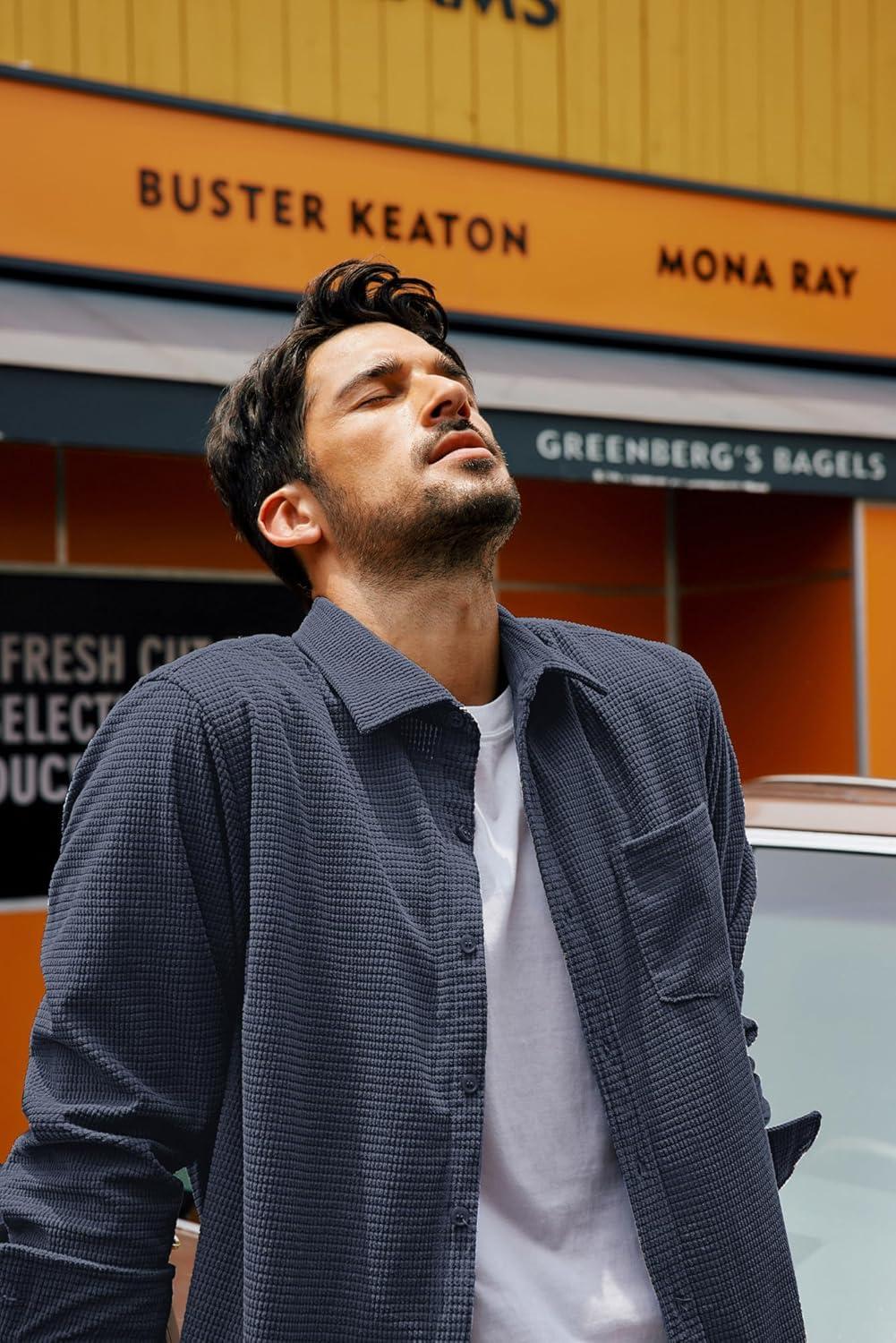 imagePJ PAUL JONES Mens Button Down Shirt Texture Wrinkle Free Shirts Long Sleeve Waffle Untucked ShirtBlue