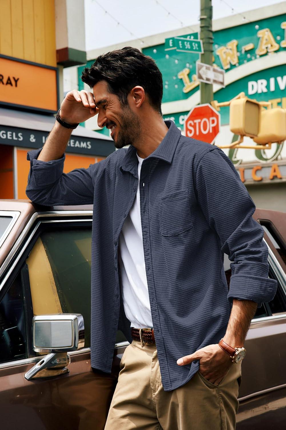 imagePJ PAUL JONES Mens Button Down Shirt Texture Wrinkle Free Shirts Long Sleeve Waffle Untucked ShirtBlue