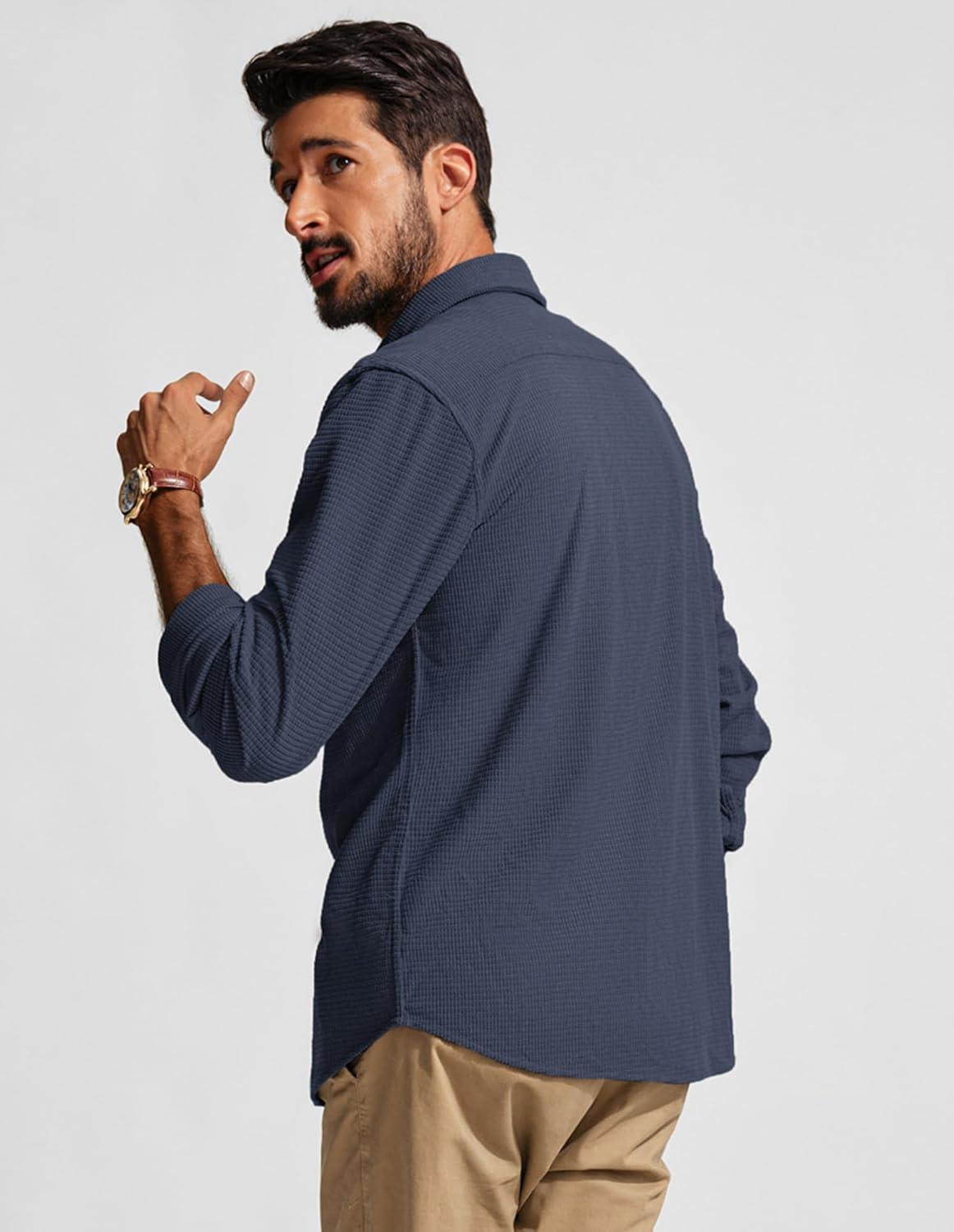 imagePJ PAUL JONES Mens Button Down Shirt Texture Wrinkle Free Shirts Long Sleeve Waffle Untucked ShirtBlue