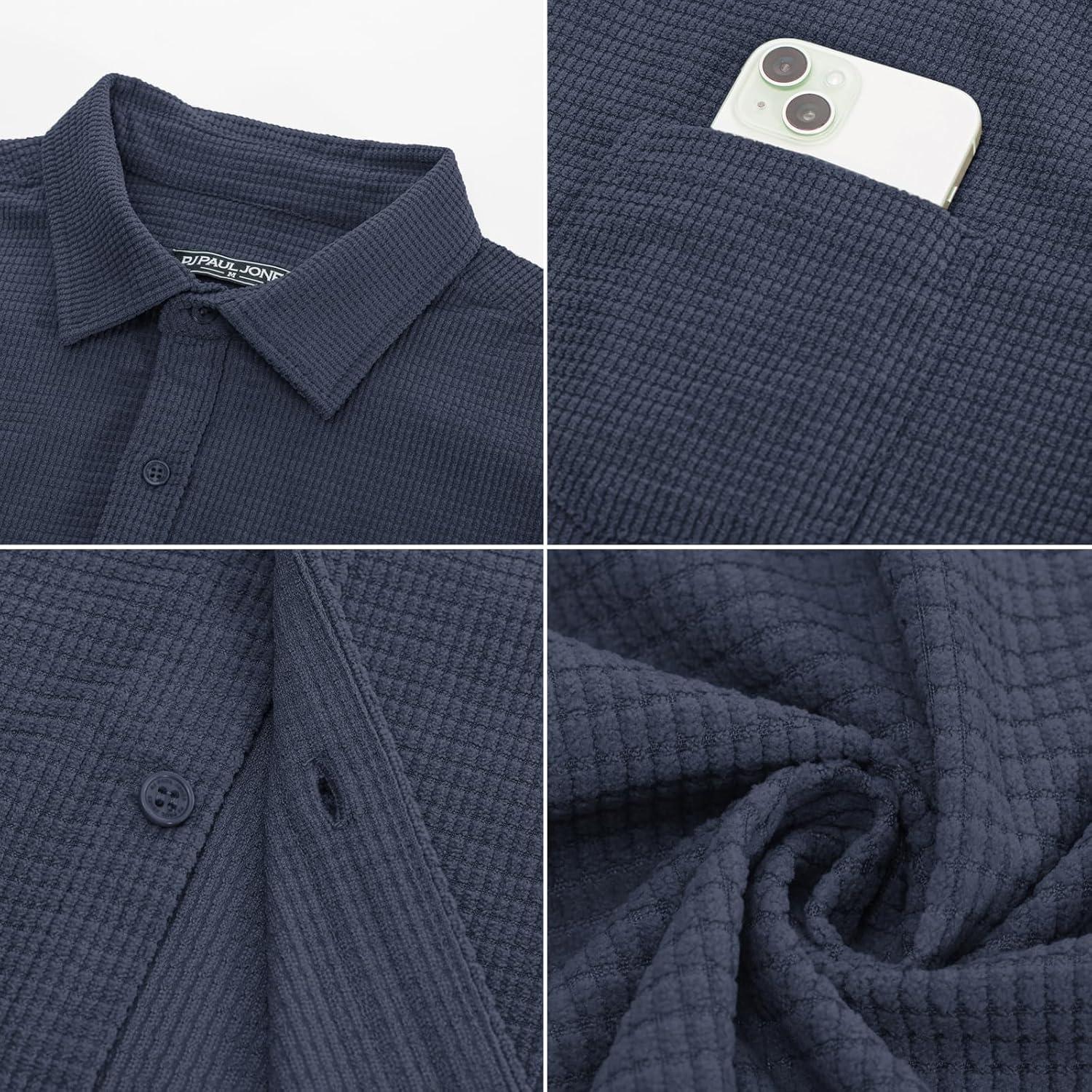 imagePJ PAUL JONES Mens Button Down Shirt Texture Wrinkle Free Shirts Long Sleeve Waffle Untucked ShirtBlue