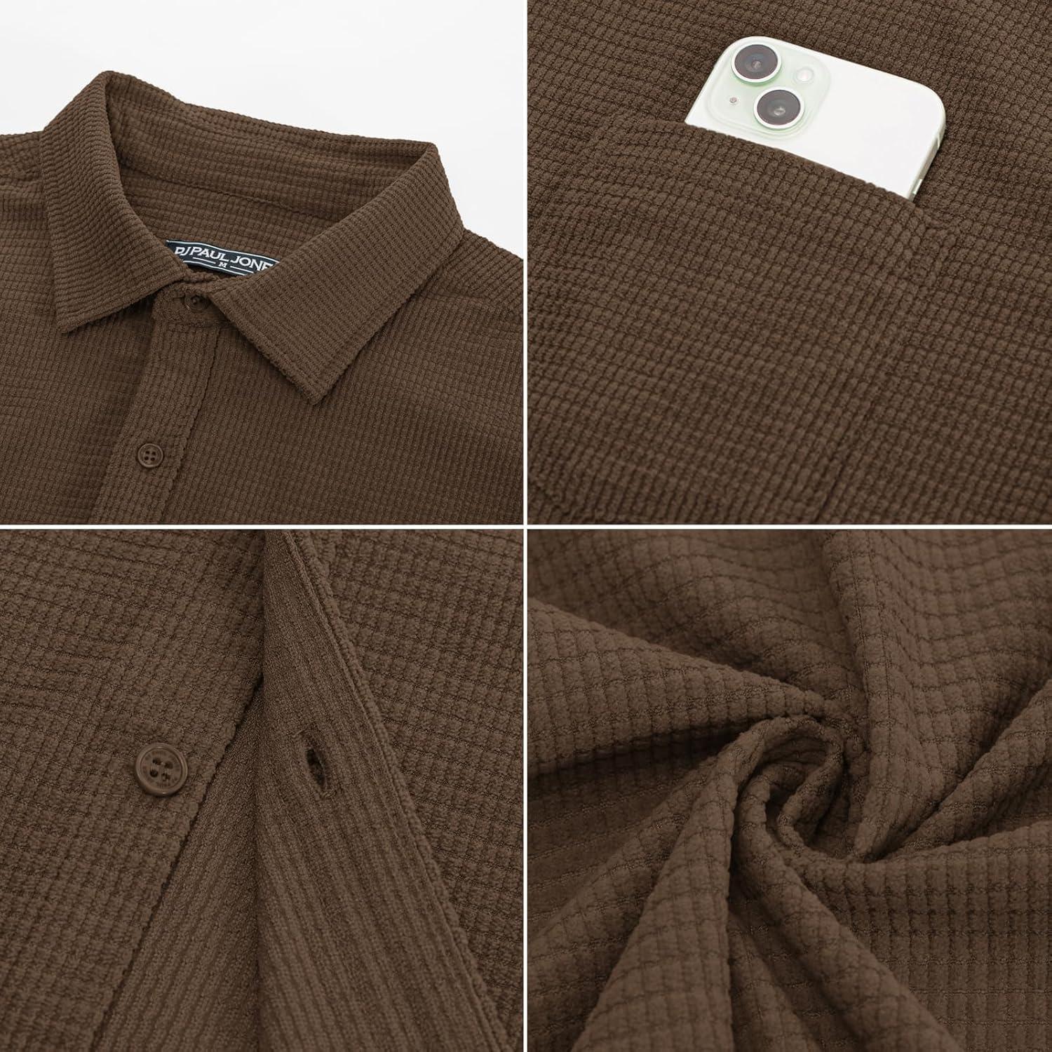 imagePJ PAUL JONES Mens Button Down Shirt Texture Wrinkle Free Shirts Long Sleeve Waffle Untucked ShirtBrown