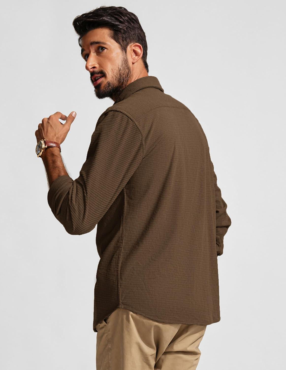 imagePJ PAUL JONES Mens Button Down Shirt Texture Wrinkle Free Shirts Long Sleeve Waffle Untucked ShirtBrown