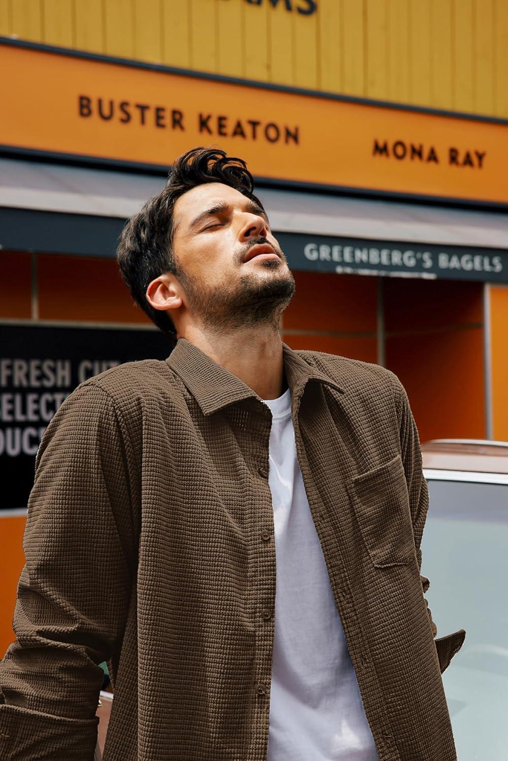 imagePJ PAUL JONES Mens Button Down Shirt Texture Wrinkle Free Shirts Long Sleeve Waffle Untucked ShirtBrown