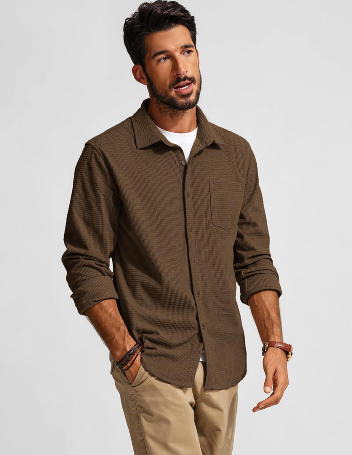 imagePJ PAUL JONES Mens Button Down Shirt Texture Wrinkle Free Shirts Long Sleeve Waffle Untucked ShirtBrown