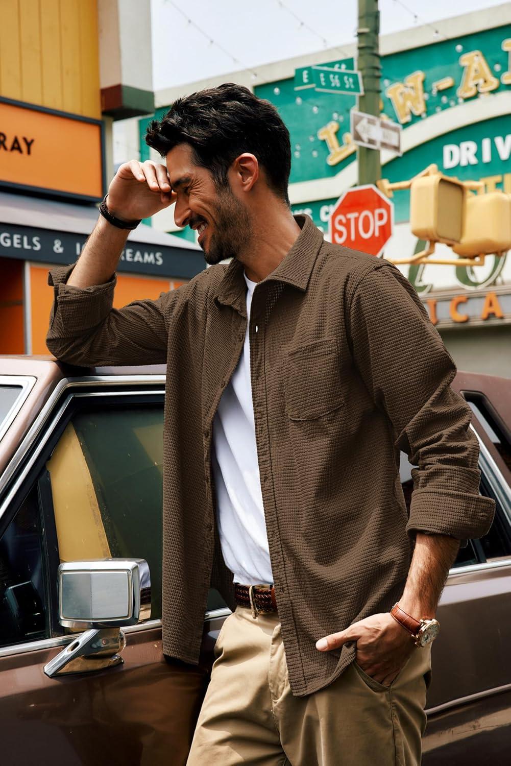 imagePJ PAUL JONES Mens Button Down Shirt Texture Wrinkle Free Shirts Long Sleeve Waffle Untucked ShirtBrown