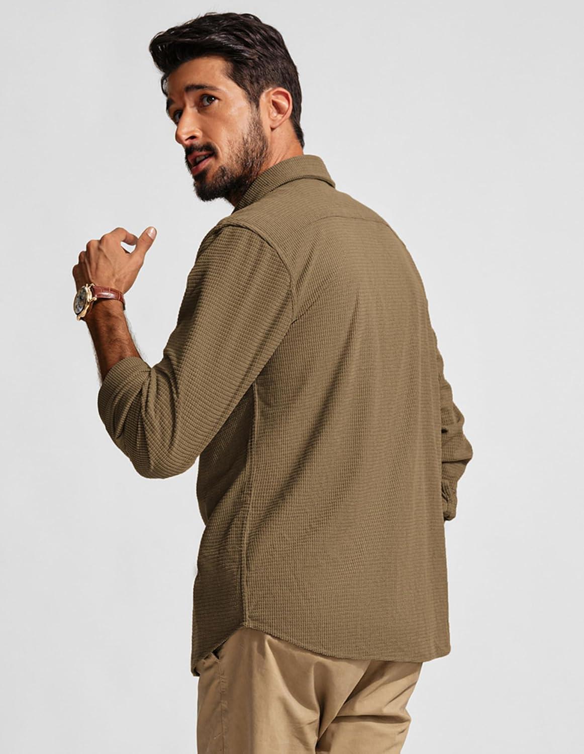 imagePJ PAUL JONES Mens Button Down Shirt Texture Wrinkle Free Shirts Long Sleeve Waffle Untucked ShirtCamel