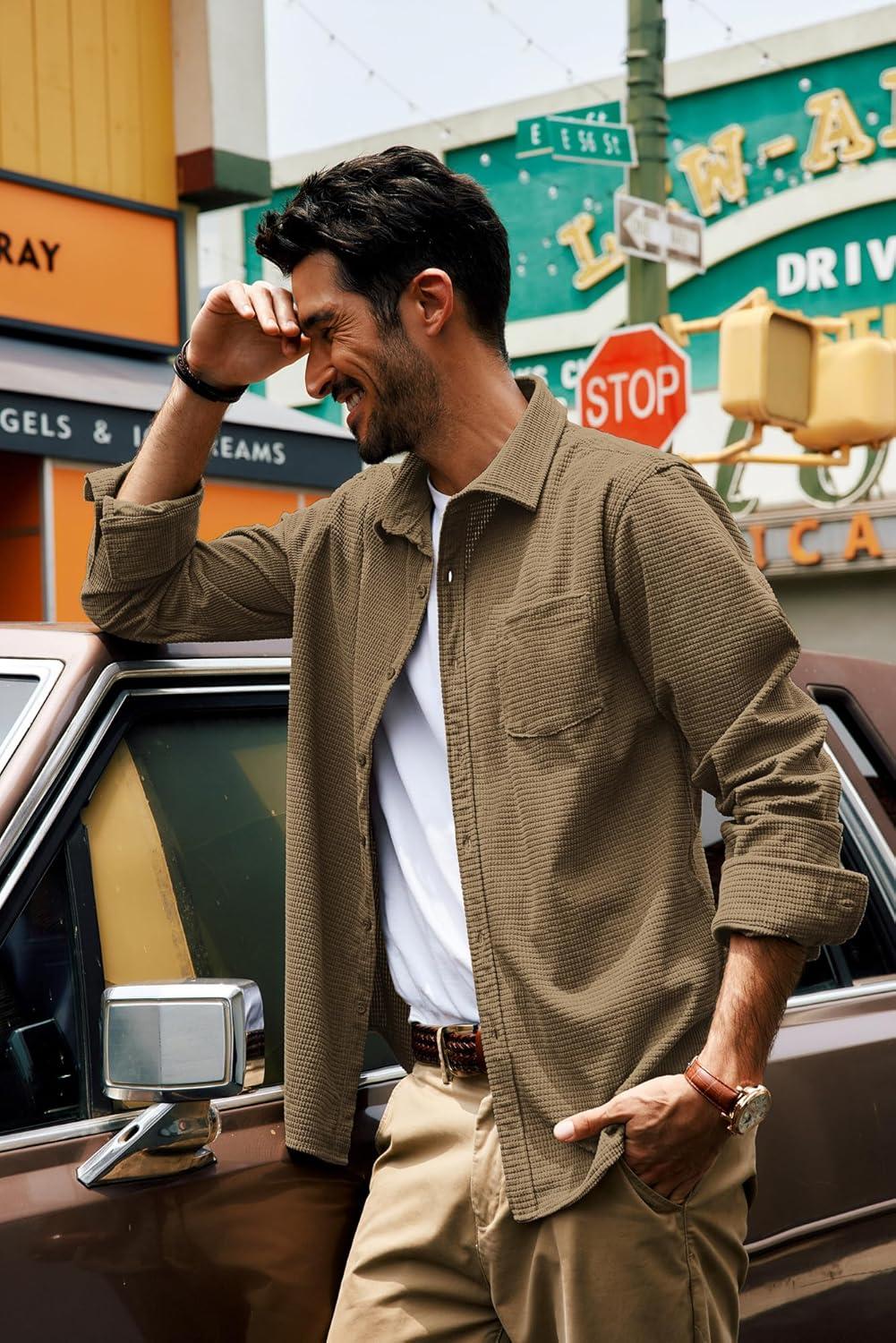 imagePJ PAUL JONES Mens Button Down Shirt Texture Wrinkle Free Shirts Long Sleeve Waffle Untucked ShirtCamel