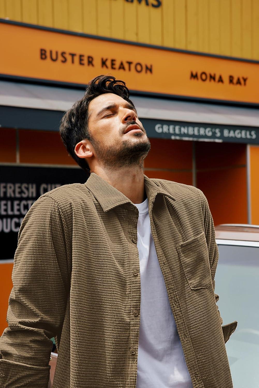 imagePJ PAUL JONES Mens Button Down Shirt Texture Wrinkle Free Shirts Long Sleeve Waffle Untucked ShirtCamel