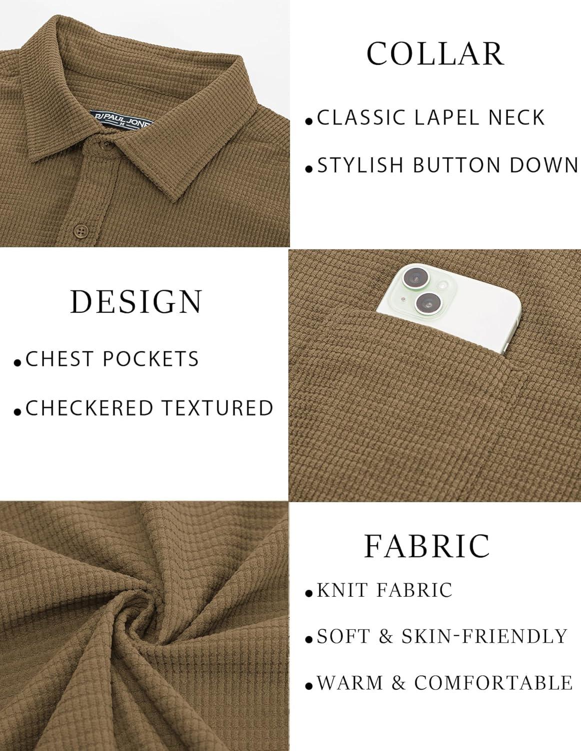 imagePJ PAUL JONES Mens Button Down Shirt Texture Wrinkle Free Shirts Long Sleeve Waffle Untucked ShirtCamel