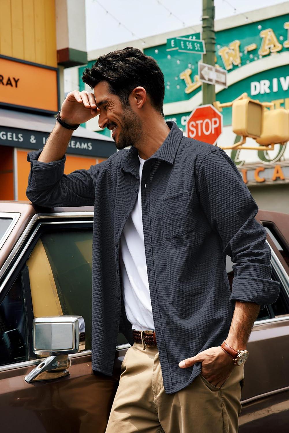 imagePJ PAUL JONES Mens Button Down Shirt Texture Wrinkle Free Shirts Long Sleeve Waffle Untucked ShirtCarbon Black