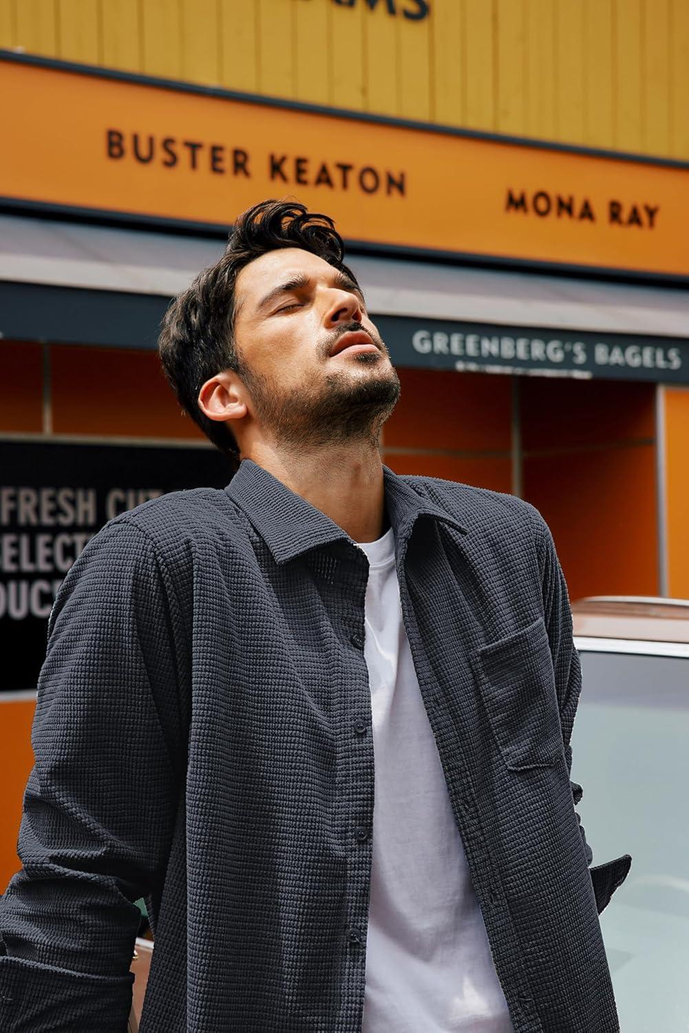 imagePJ PAUL JONES Mens Button Down Shirt Texture Wrinkle Free Shirts Long Sleeve Waffle Untucked ShirtCarbon Black