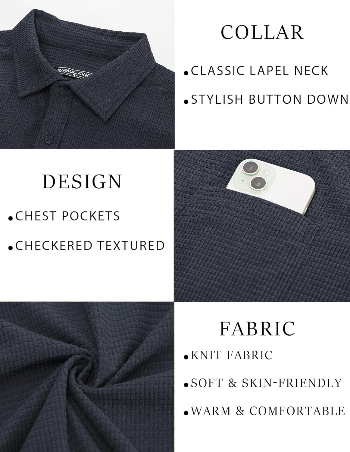 imagePJ PAUL JONES Mens Button Down Shirt Texture Wrinkle Free Shirts Long Sleeve Waffle Untucked ShirtCarbon Black