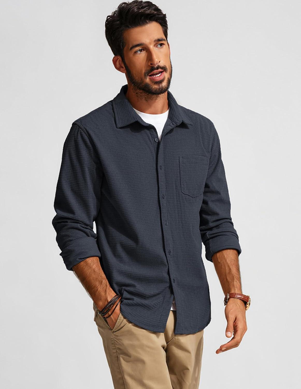 imagePJ PAUL JONES Mens Button Down Shirt Texture Wrinkle Free Shirts Long Sleeve Waffle Untucked ShirtCarbon Black