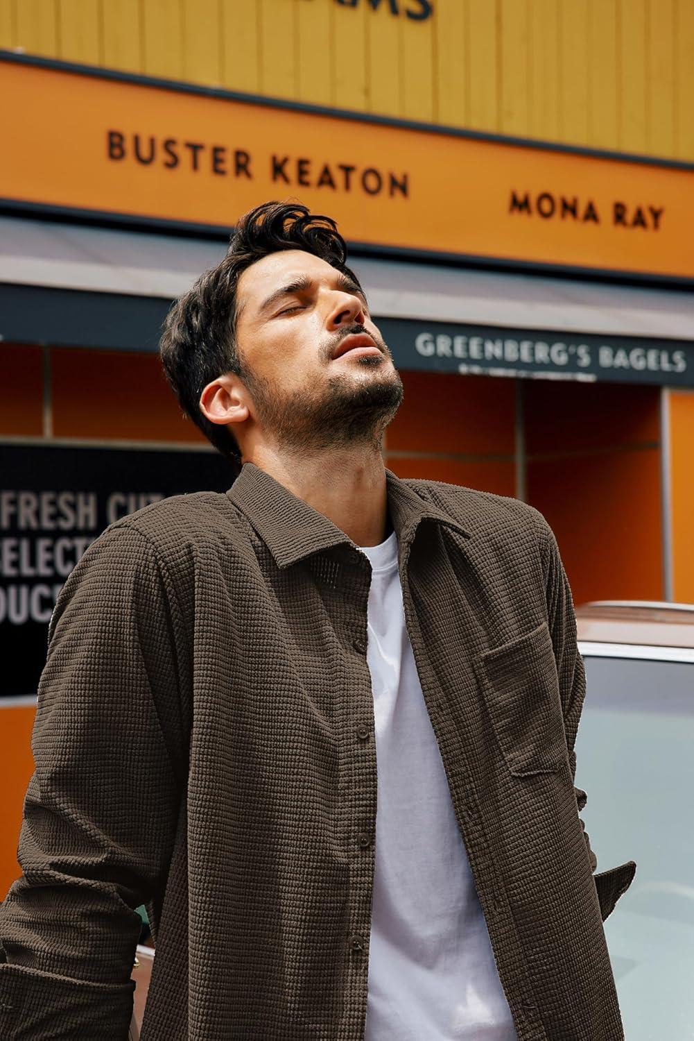 imagePJ PAUL JONES Mens Button Down Shirt Texture Wrinkle Free Shirts Long Sleeve Waffle Untucked ShirtCoffee