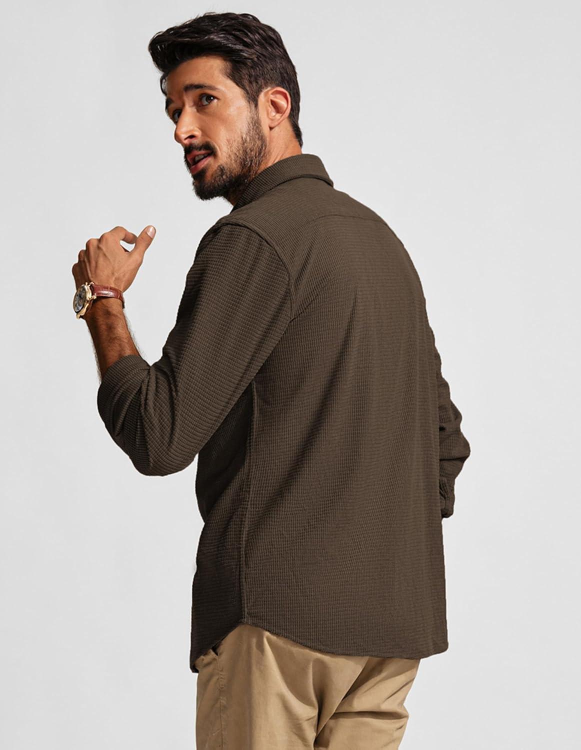 imagePJ PAUL JONES Mens Button Down Shirt Texture Wrinkle Free Shirts Long Sleeve Waffle Untucked ShirtCoffee