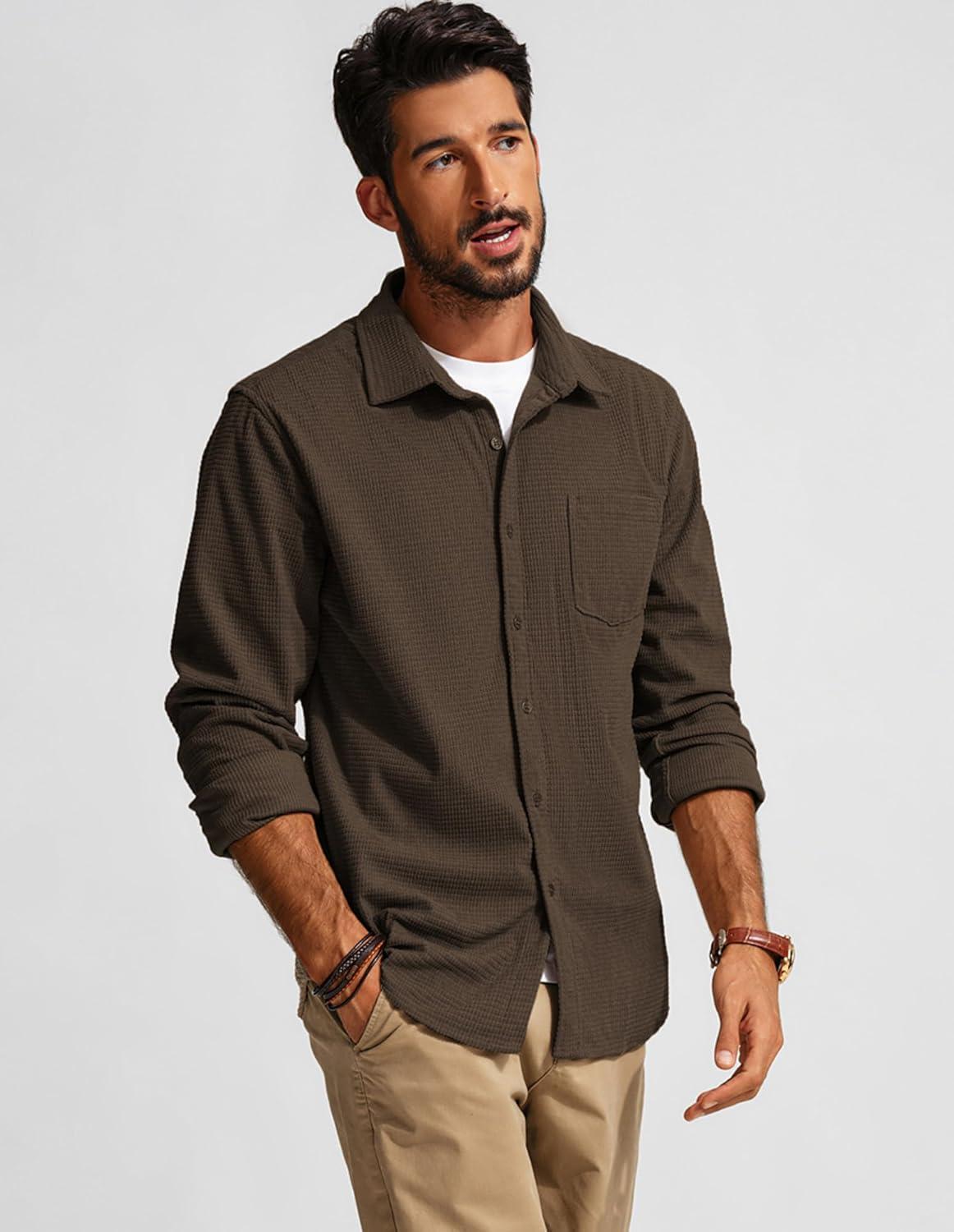 imagePJ PAUL JONES Mens Button Down Shirt Texture Wrinkle Free Shirts Long Sleeve Waffle Untucked ShirtCoffee