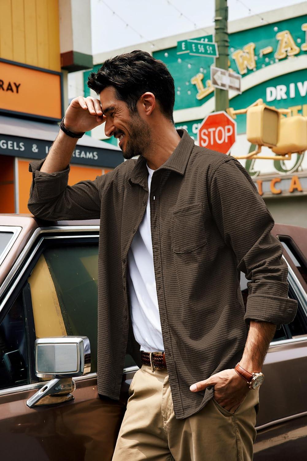 imagePJ PAUL JONES Mens Button Down Shirt Texture Wrinkle Free Shirts Long Sleeve Waffle Untucked ShirtCoffee