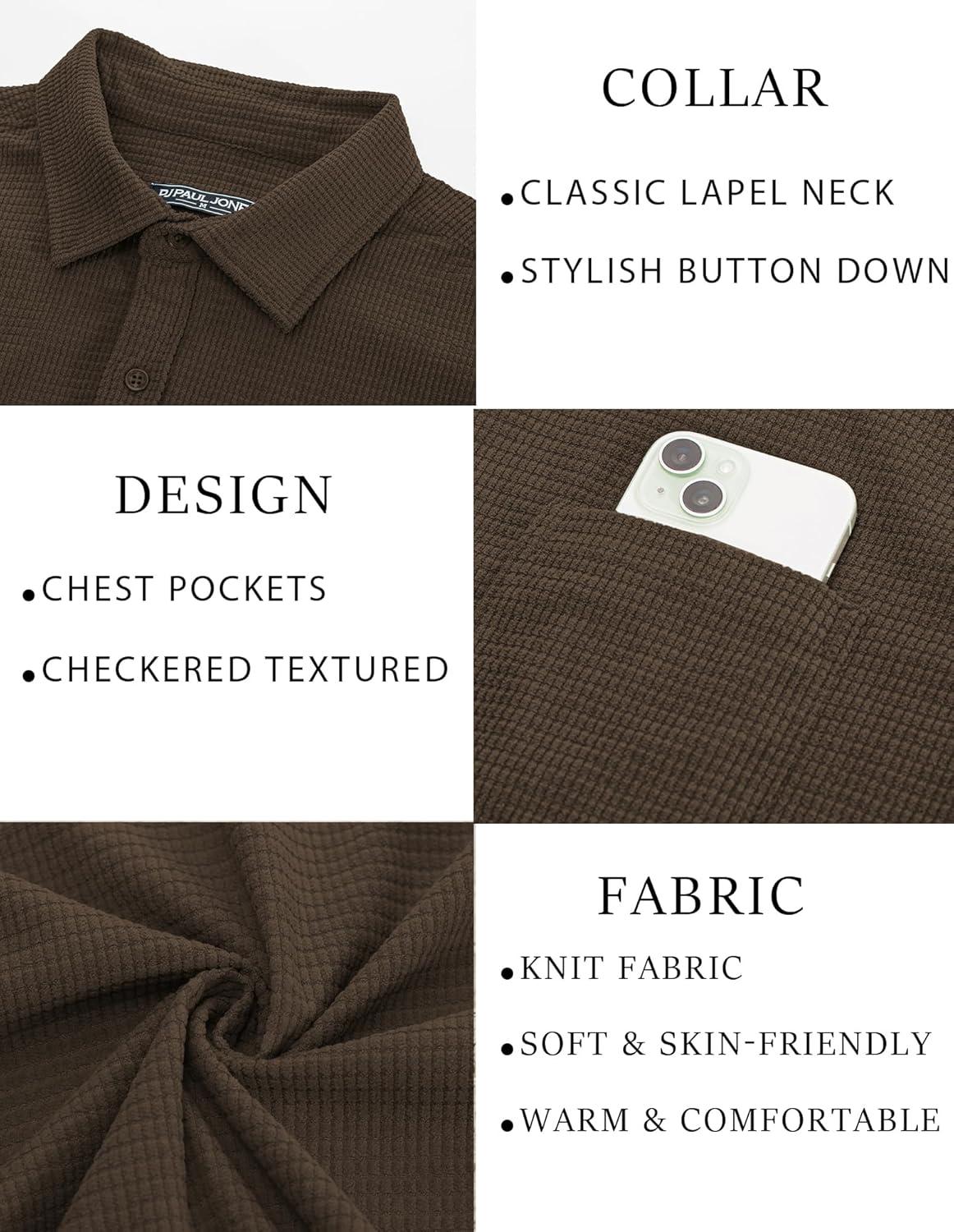 imagePJ PAUL JONES Mens Button Down Shirt Texture Wrinkle Free Shirts Long Sleeve Waffle Untucked ShirtCoffee